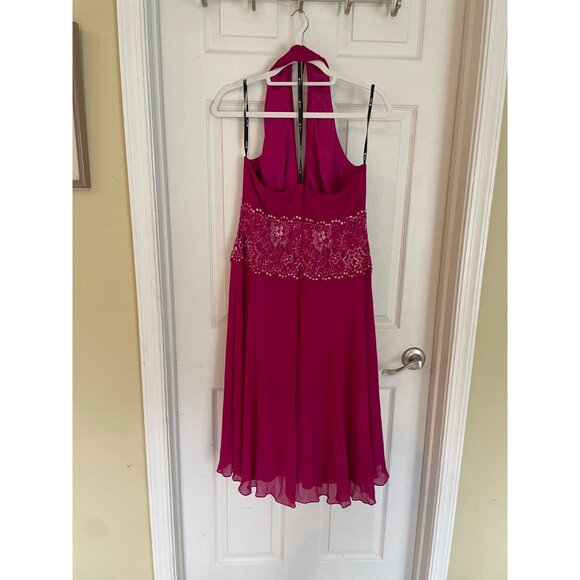 Tadashi Shoji Collection Pink Silk Halter Dress Beaded Sequin Lace Lined Fuchsia - Picture 2 of 6